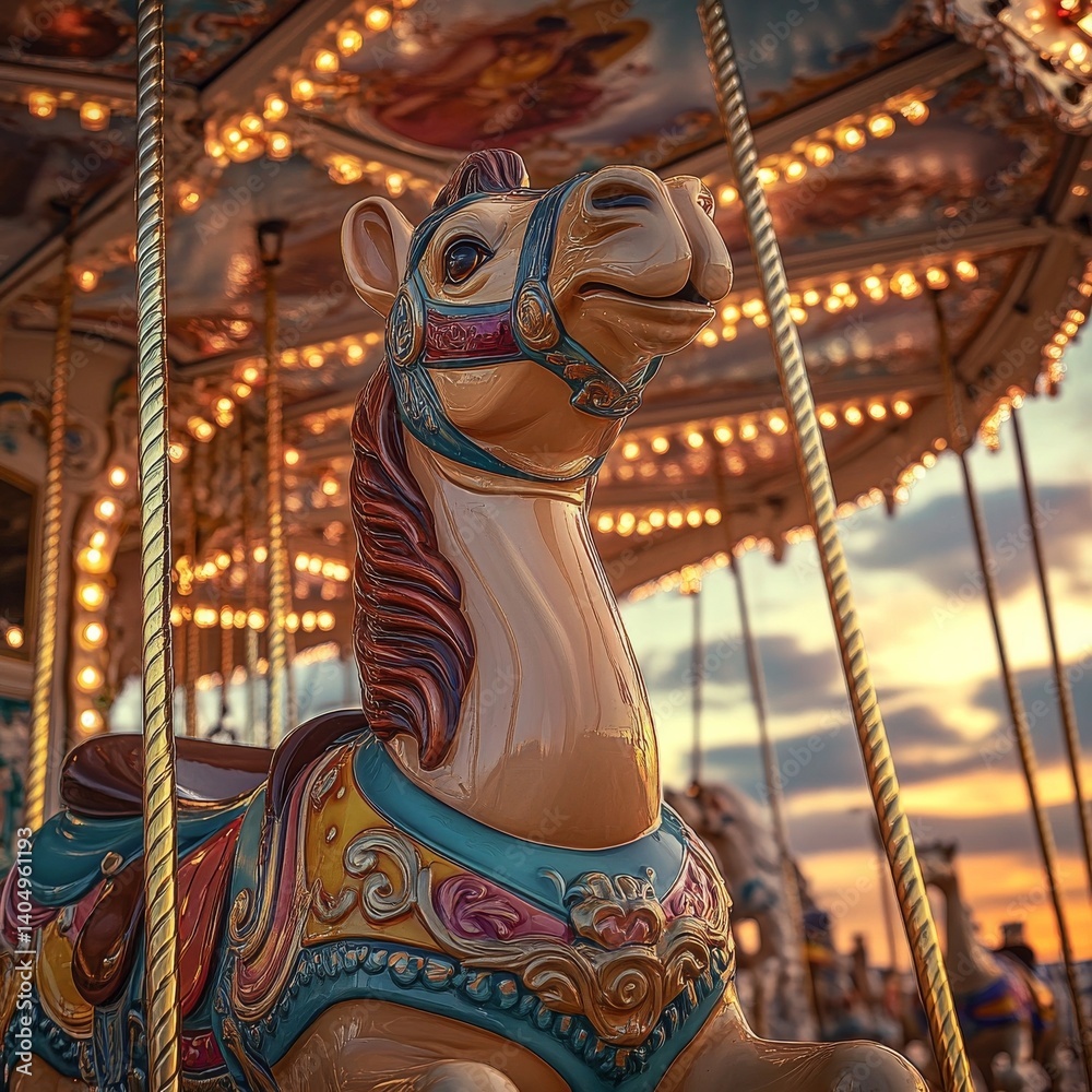 Carousel animal spins at festival.