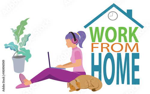  Work from Home lettering- Icon, Sign or Symbol. A girl sitting on floor at home  and working on laptop computer. stay at home, work from home concept