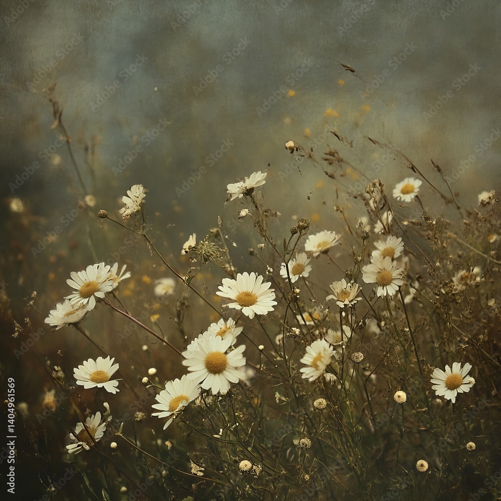 Field of wild Matricaria flowers.