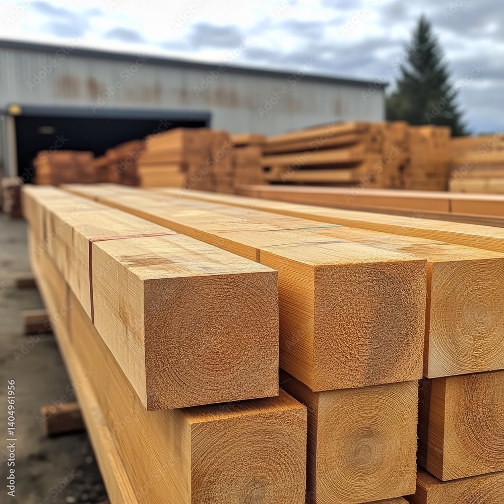 Wooden beams cut at lumberyard.