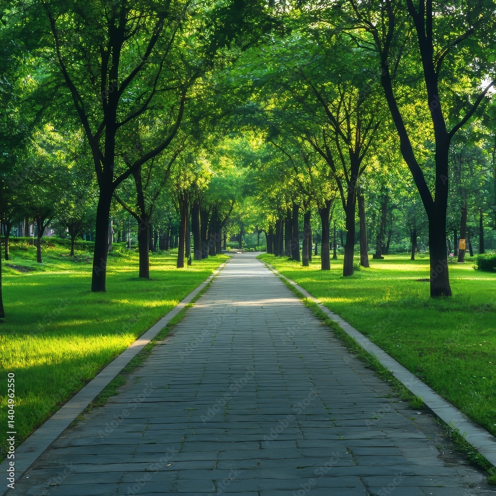 Fototapeta premium Park: paved path, green field, woods.