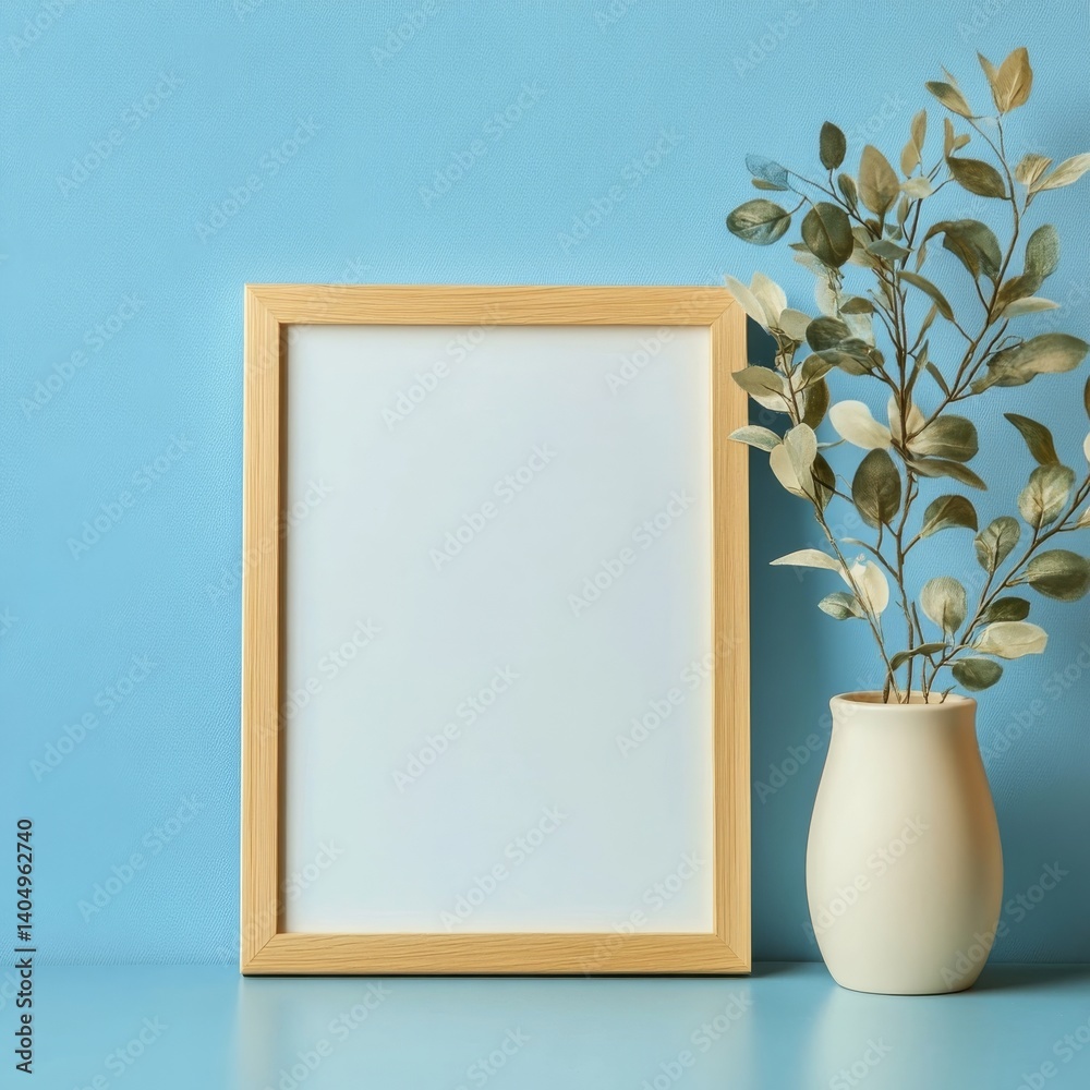 Wood frame on table, blue wall.