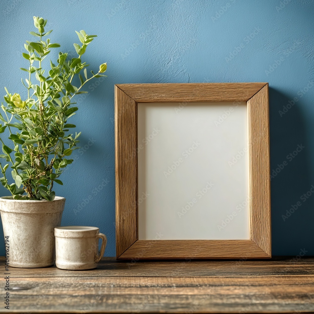 Wooden frame, blue wall.