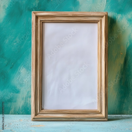 Frame on table, blue wall.