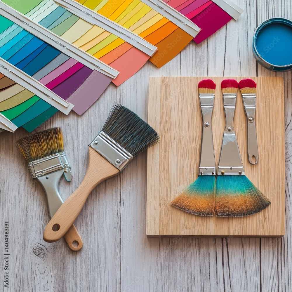 Paint tools and Pantone on wood, for construction.
