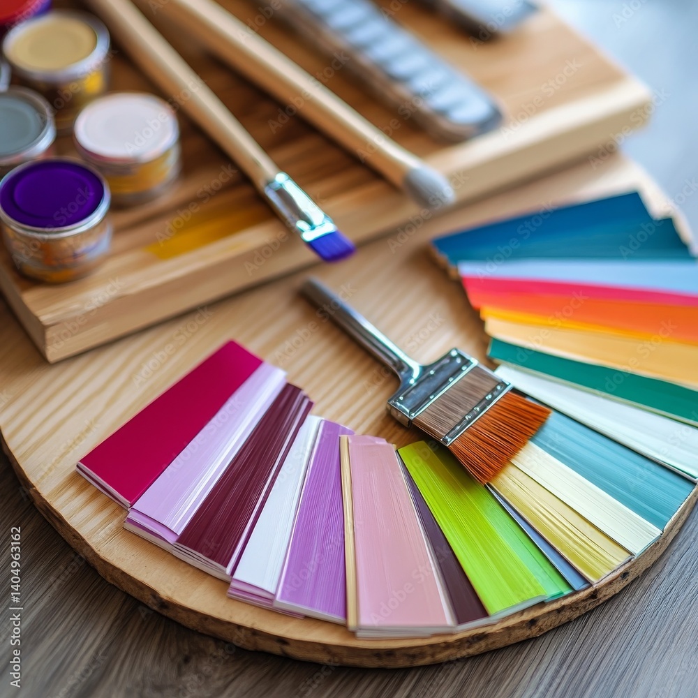 Wooden board with paint tools & Pantone for construction.