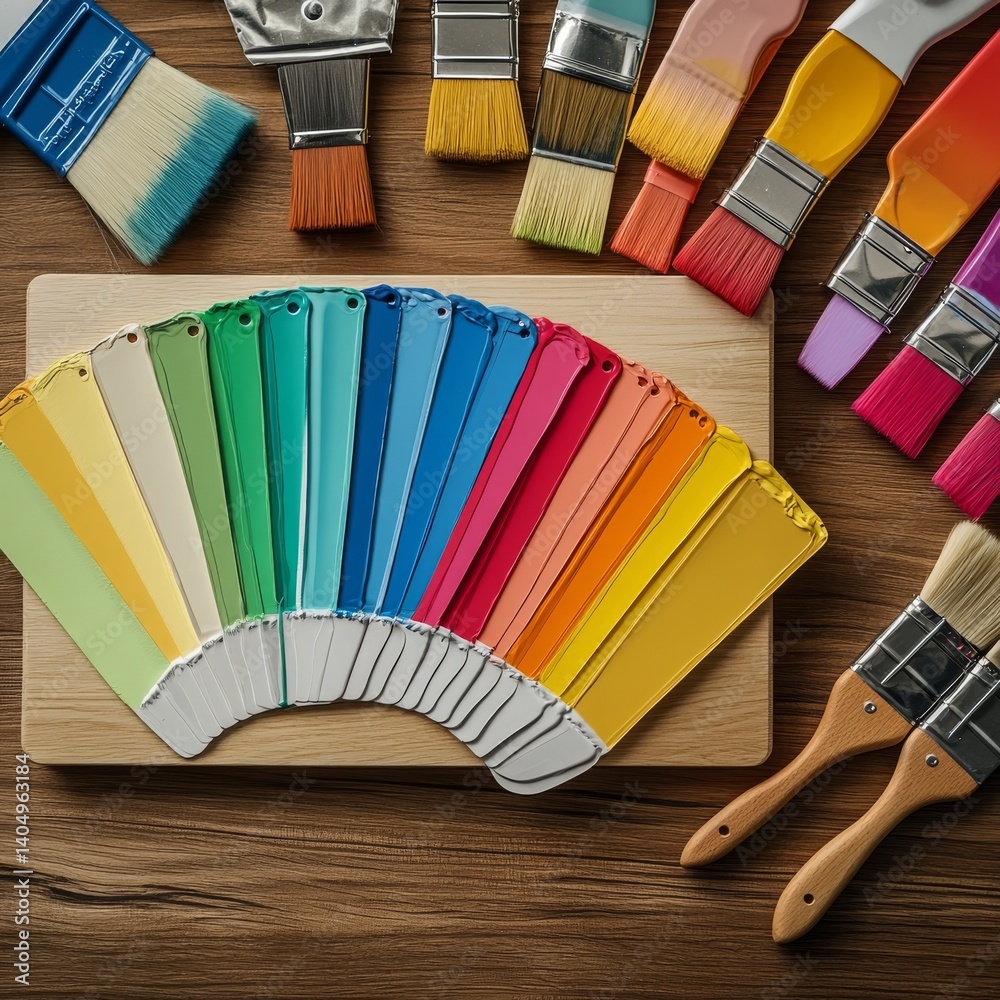 Pantone fan, paint tools on wood: building concept.