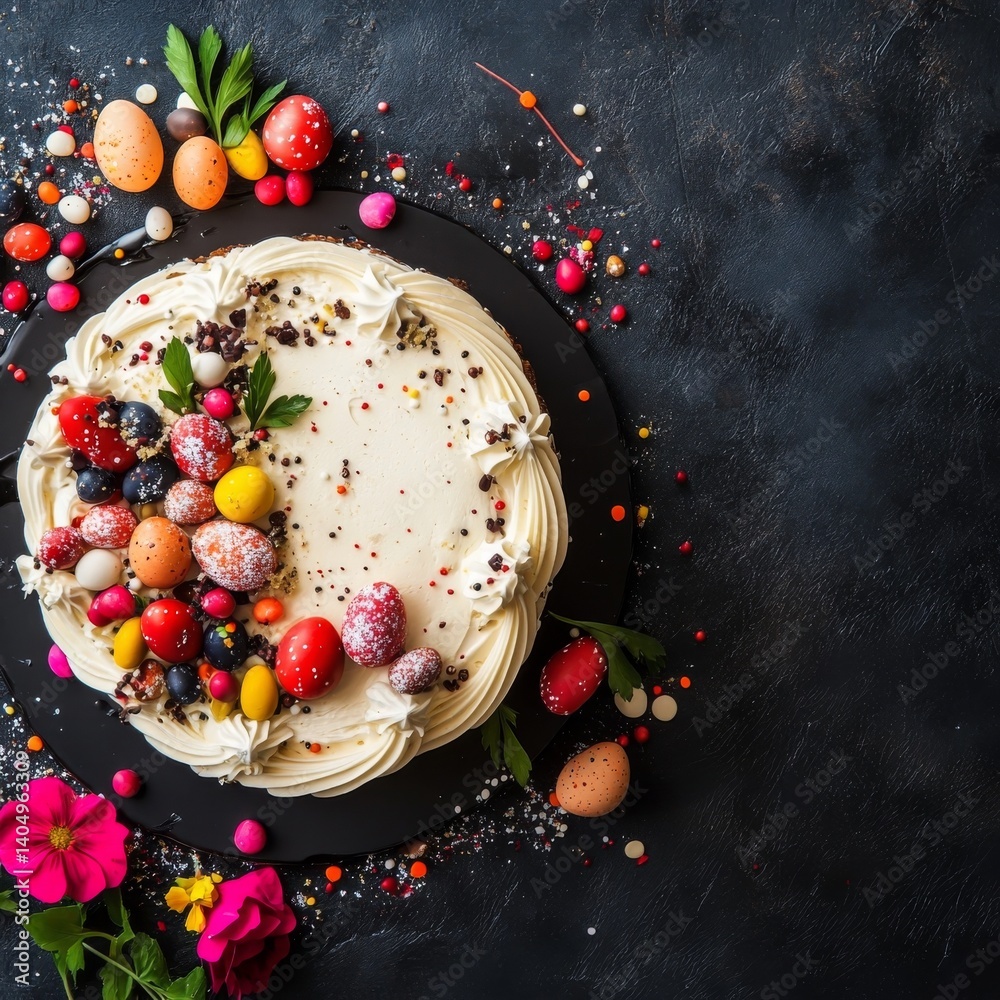 Holiday cake, top view. Easter menu space.