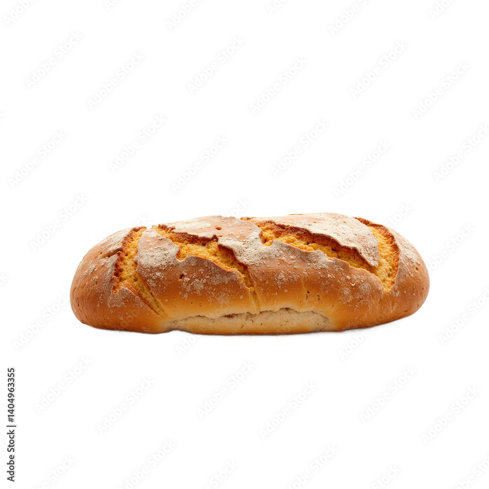 A freshly baked loaf of golden brown bread with a dusting of flour on top. A freshly baked loaf of golden brown bread with a dusting of flour on top.