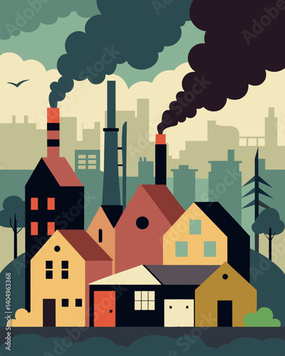 A thick layer of soot and grime covers the buildings and homes near the factory evidence of the constant pollution being released into the air.. Vector illustration