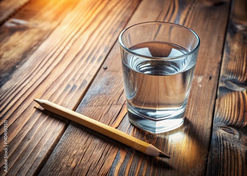Close-up Aerial View: Glass of Water, Pencil, White Chalk on Rustic Wooden Table