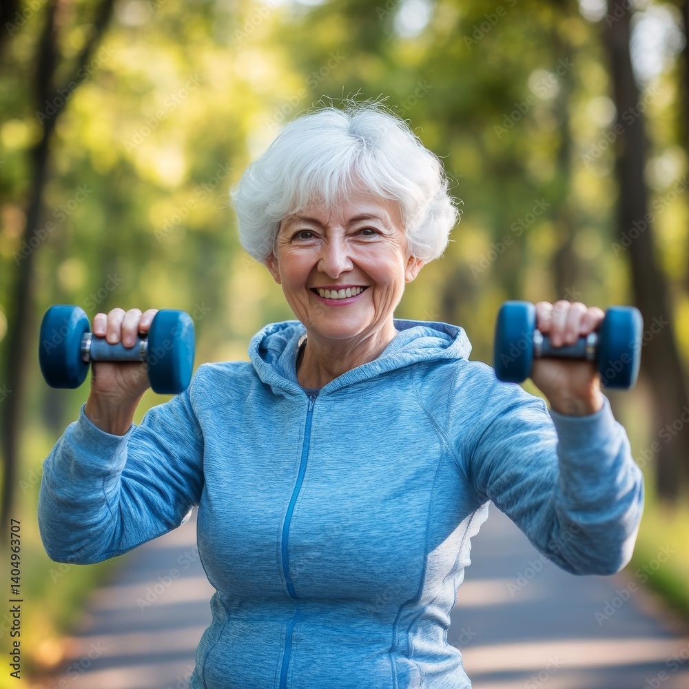 Senior woman using dumbbells outside, active.