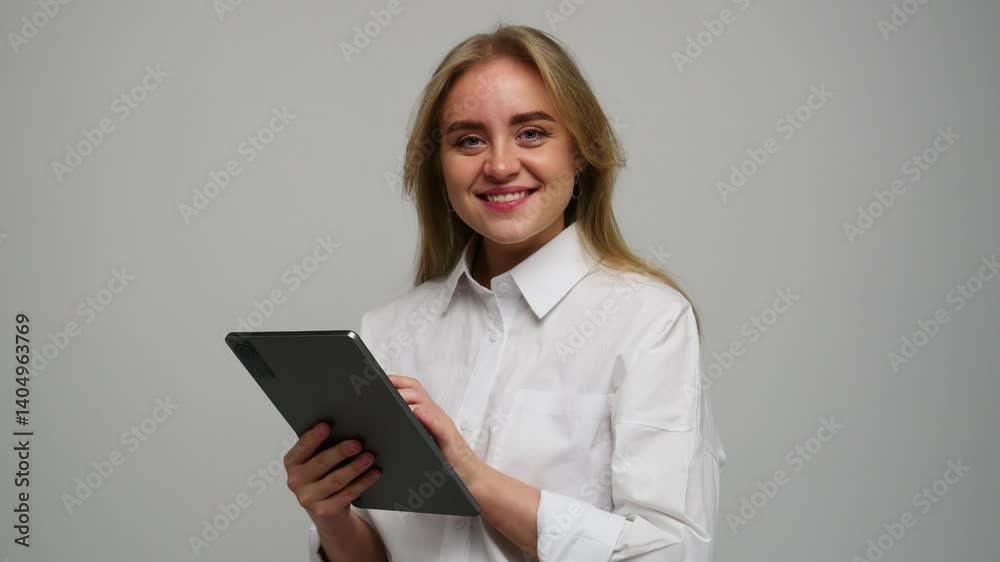 A cheerful young woman engages with her tablet, showcasing modern technology in a stylish setting. A cheerful young woman engages with her tablet, showcasing modern technology in a stylish setting.