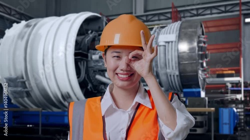 Wallpaper Mural Close Up Of Asian Female Engineer With Safety Helmet Showing Ok Hand Sign Over Eye And Smiling To Camera While Standing With Airplane Engine Maintenance Conducted Torontodigital.ca