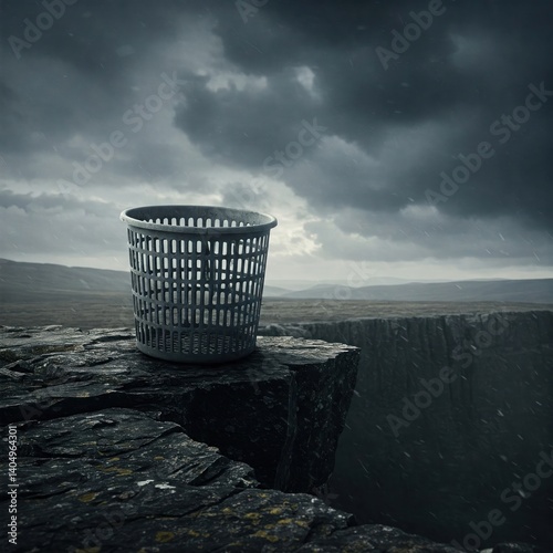 An empty trash can on the edge of a cliff.