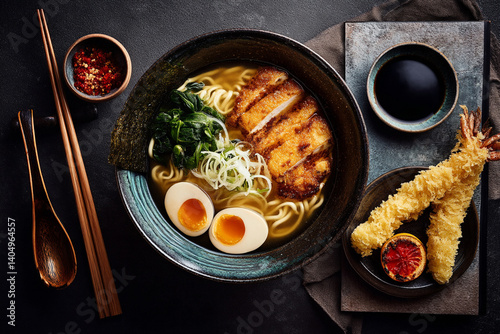 A bowl of ramen featuring tender chicken, fresh greens, soft-boiled eggs, and tempura shrimp, arranged beautifully on a dark table