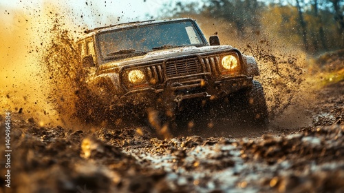 Mud splattered SUV off road adventure powerful 4x4 vehicle driving through muddy terrain