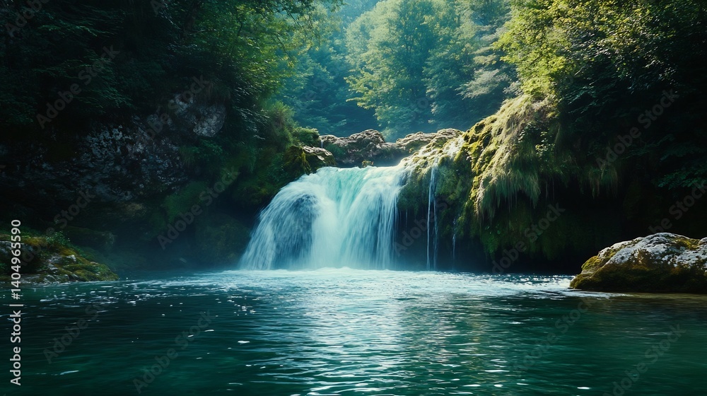Naklejka premium Serene Waterfall Cascading in Lush Green Forest: A Tranquil Nature Scene
