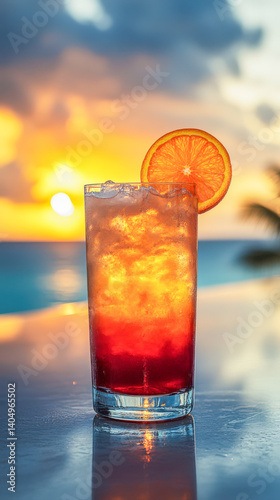 Vibrant tequila sunrise cocktail at sunset by the beach