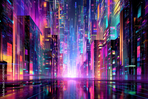 Bright and colorful buildings illuminate a modern city, reflecting vibrant lights on wet streets during nighttime