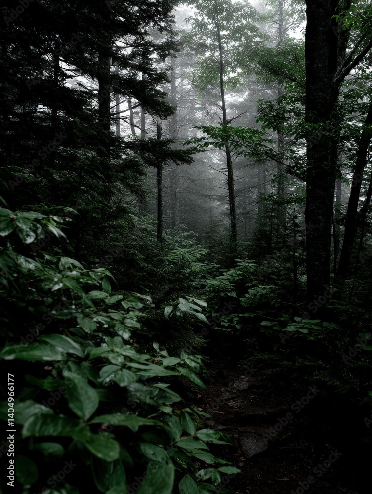 Obraz premium Misty forest path surrounded by lush greenery