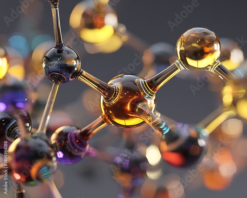 Suspended chemical compound with bonds, surrounded by soft lighting effects.