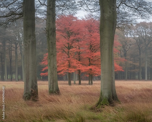 Autumn Trees in Misty Woods photo