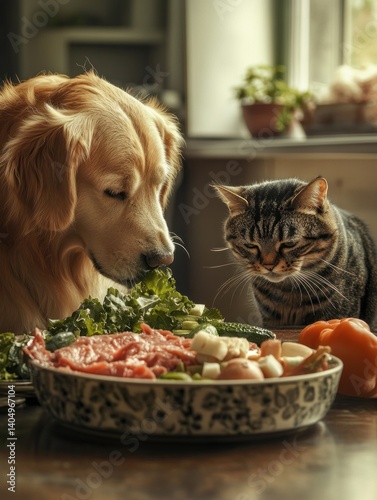 Golden Retriever and Tabby Cat Enjoying Nutritious Food Together Indoors