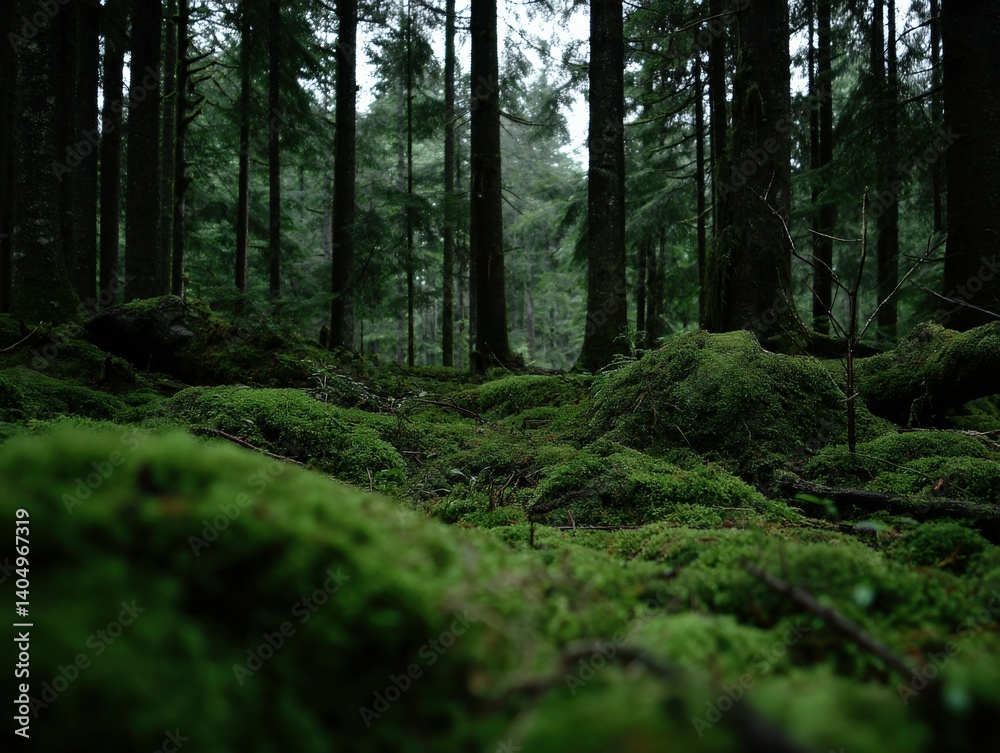 Fototapeta premium Lush green forest floor under tall trees