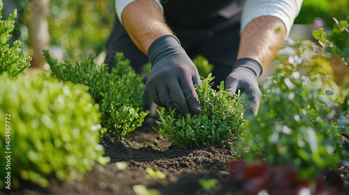 Landscaper planting shrubs in a garden. Featuring landscaping work and natural beauty