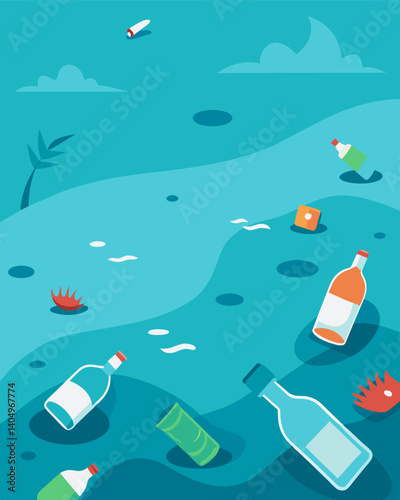 The turquoise water is clouded with plastic bottles and wrappers no longer enticing visitors to take a dip.. Vector illustration