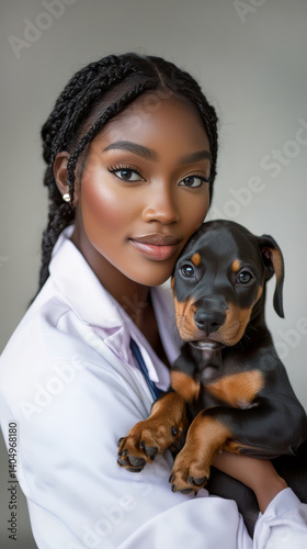 Beautiful african american female veterinarian doctor is holding in his arms cute doberman pinscher puppy against gray background. Veterinary clinic.