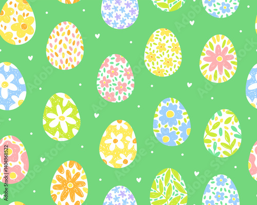 Seamless pattern for Easter day. Various Easter eggs with floral patterns, green background. Cute illustration, pastel colors.	