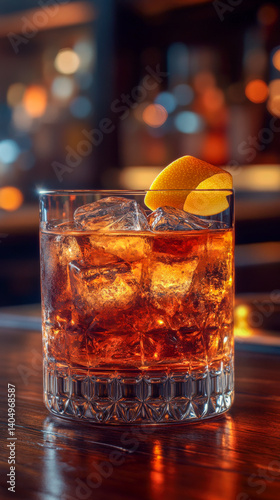 Sazerac cocktail served in a sophisticated bar setting with a glimmering glass and citrus garnish during evening hours
