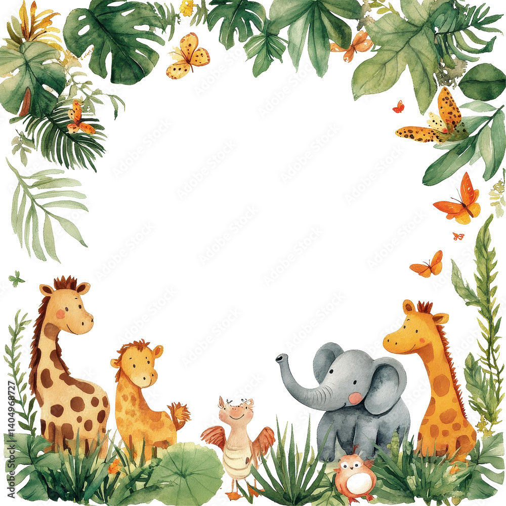 Obraz premium Whimsical animal border design with playful creatures and vibrant foliage, childish frame with animals. white background