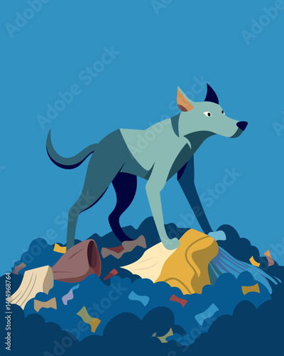 A stray dog roams the landfill occasionally finding a scrap of clothing to chew on highlighting the potential harm fast fashion waste can have on wildlife.. Vector illustration