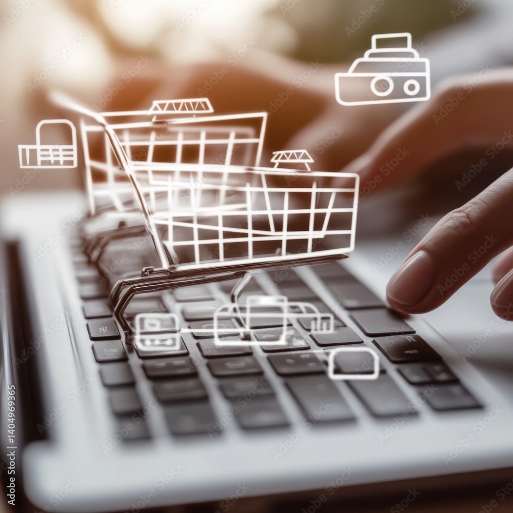 Laptop, carts, hands: online shopping theme.
