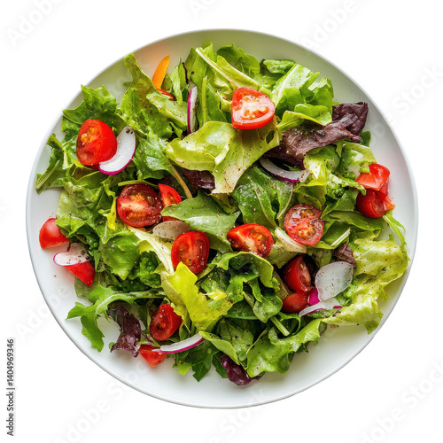 Fresh mixed salad with cherry tomatoes and leafy greens displayed on a white plate, of plate of salad top view isolated on solid Transparent background