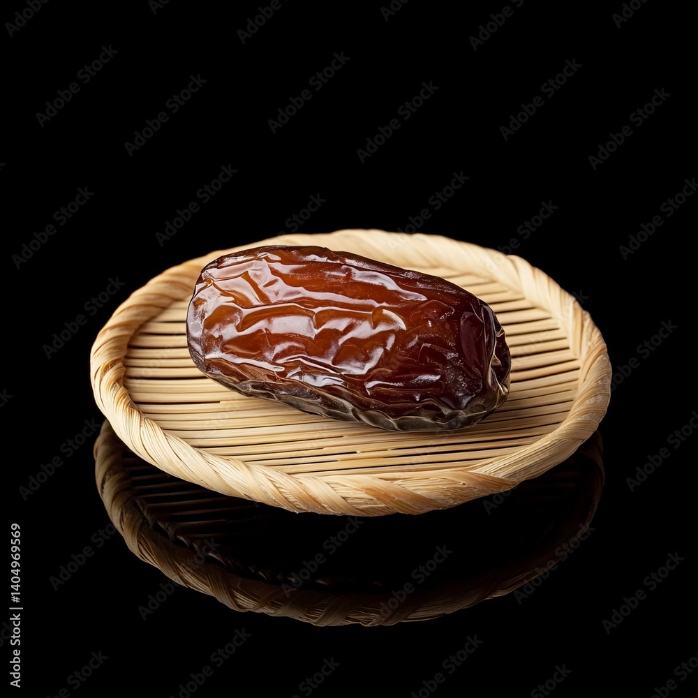 Single dried medjool date on bamboo, isolated on black glass.