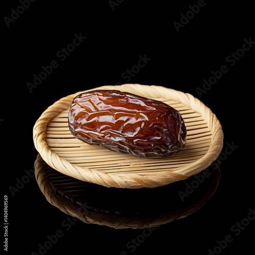 Obraz na płótnie Single dried medjool date on bamboo, isolated on black glass. w salonie
