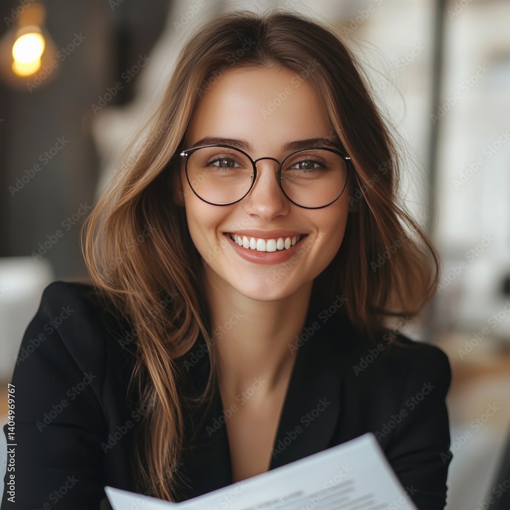 Businesswoman smiles, holding documents.