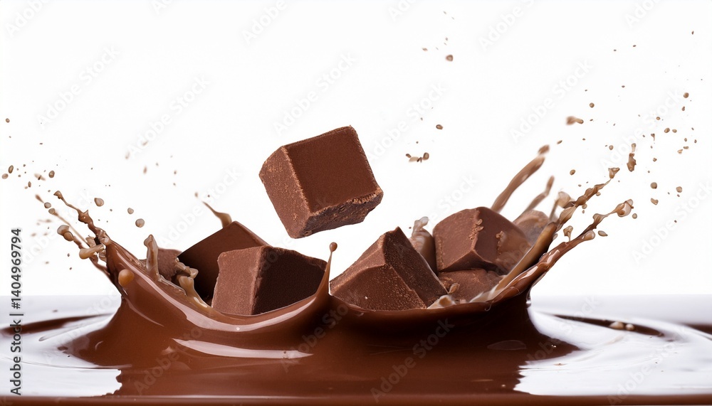 Fototapeta premium Melting chocolate cubes colliding mid-air into a splash, droplets forming a crown with high-