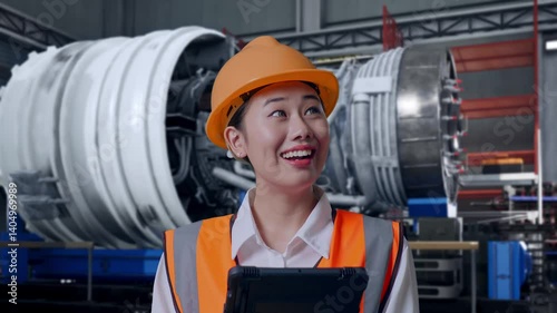 Wallpaper Mural Close Up Of Asian Female Engineer With Safety Helmet Looking At The Tablet In Her Hand And Looking Around While Standing With Airplane Engine Maintenance Conducted Torontodigital.ca