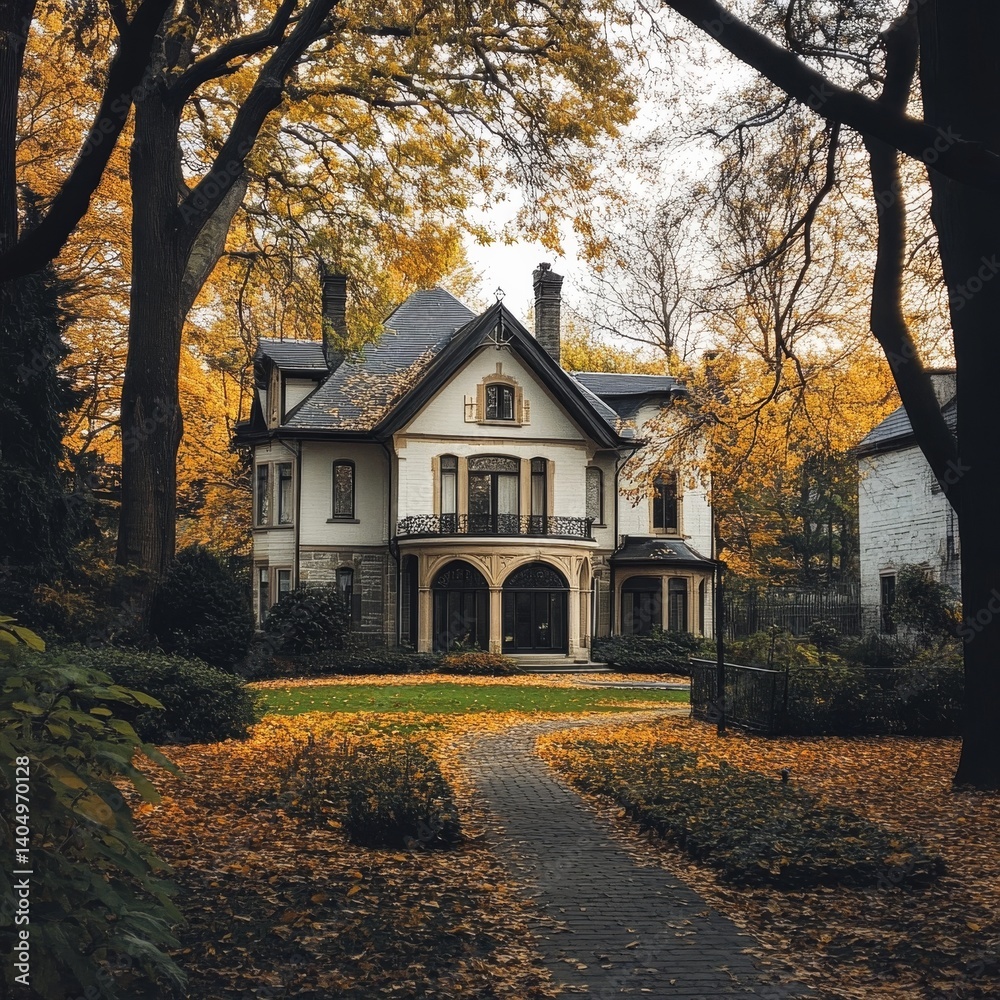 Mansion behind trees in a neighborhood of detached houses.