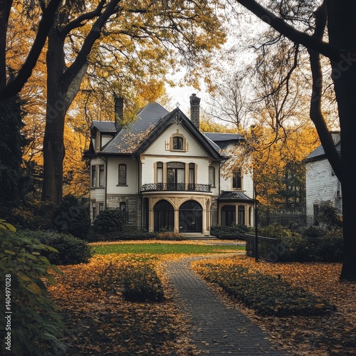 Mansion behind trees in a neighborhood of detached houses.