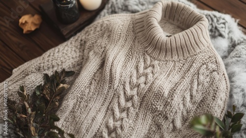 Cozy knitwear aesthetic with autumn leaves and soft candle light accents