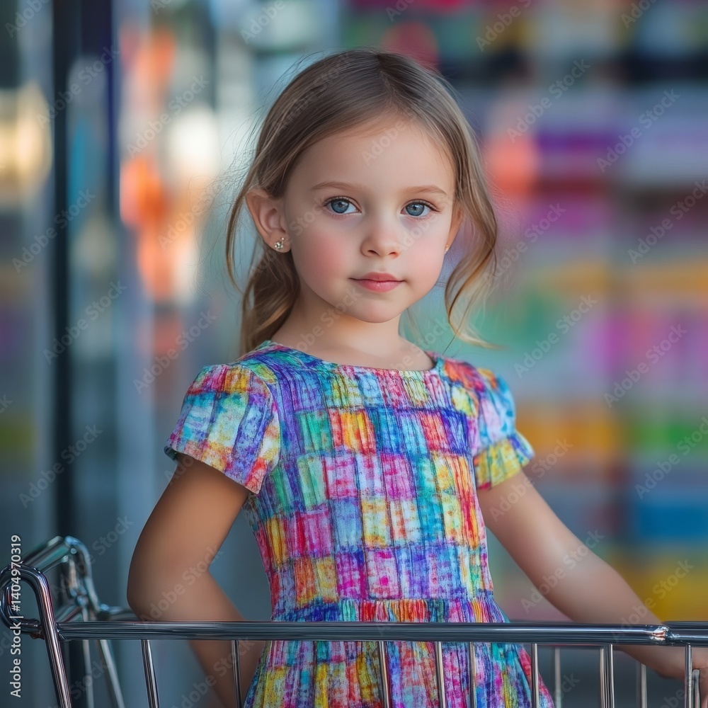 Little girl posing in dress near shopping cart.