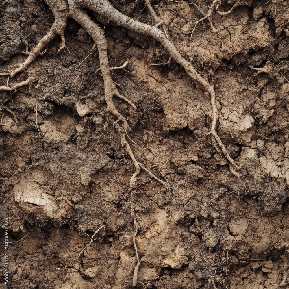 Roots and plant matter in soil; abstract backdrop.
