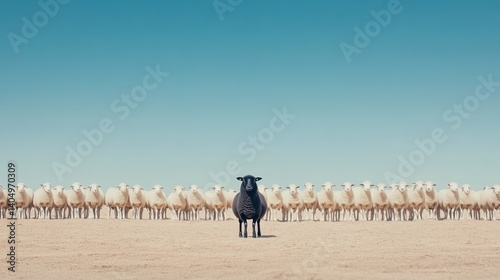 Black sheep standing out from the crowd of white sheep