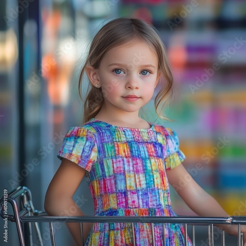 Obraz na płótnie Little girl posing in dress near shopping cart. w salonie